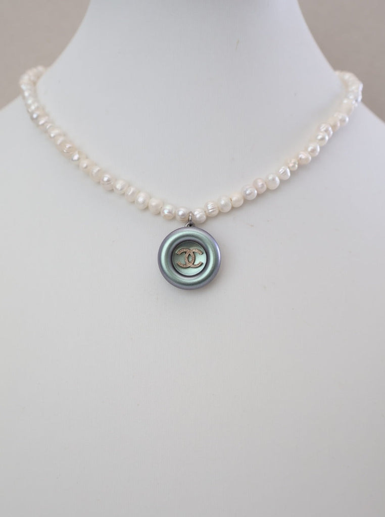 Imara Chanel Aqua Pearl Button Necklace