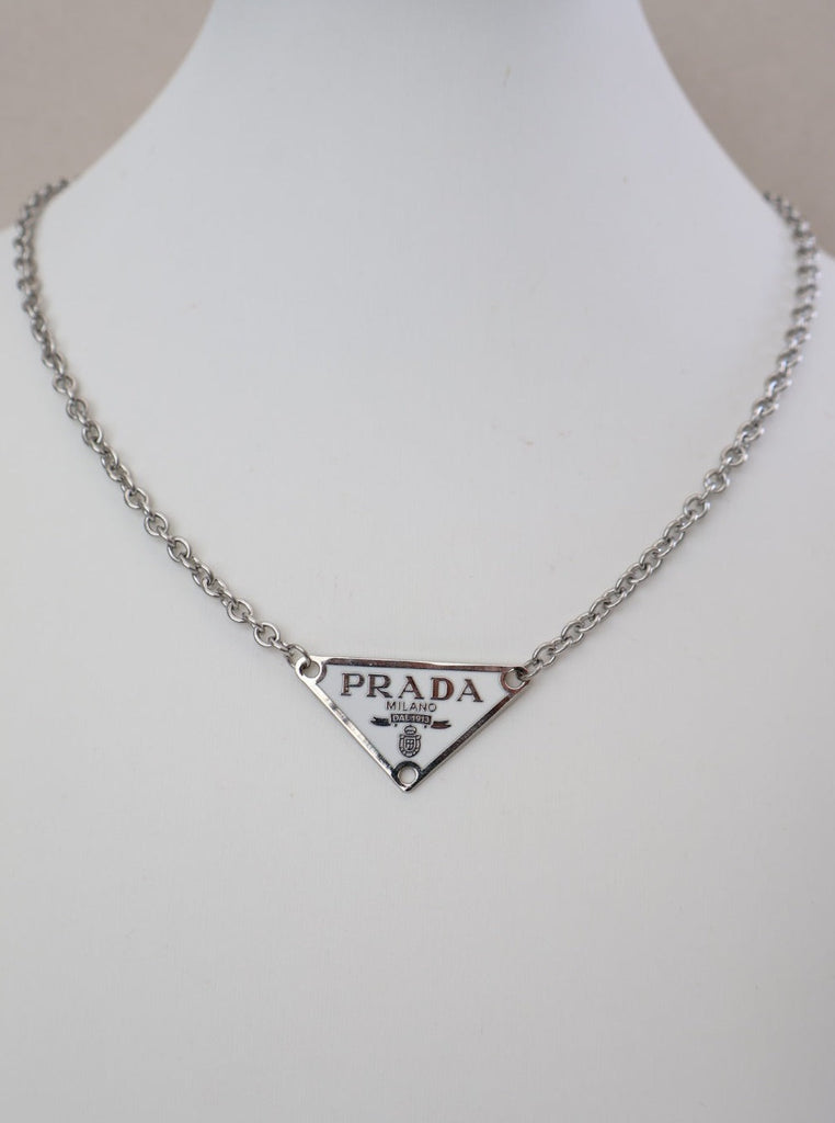 Prada Triangle Tag Pink & Silver Pendant Necklace | eBay